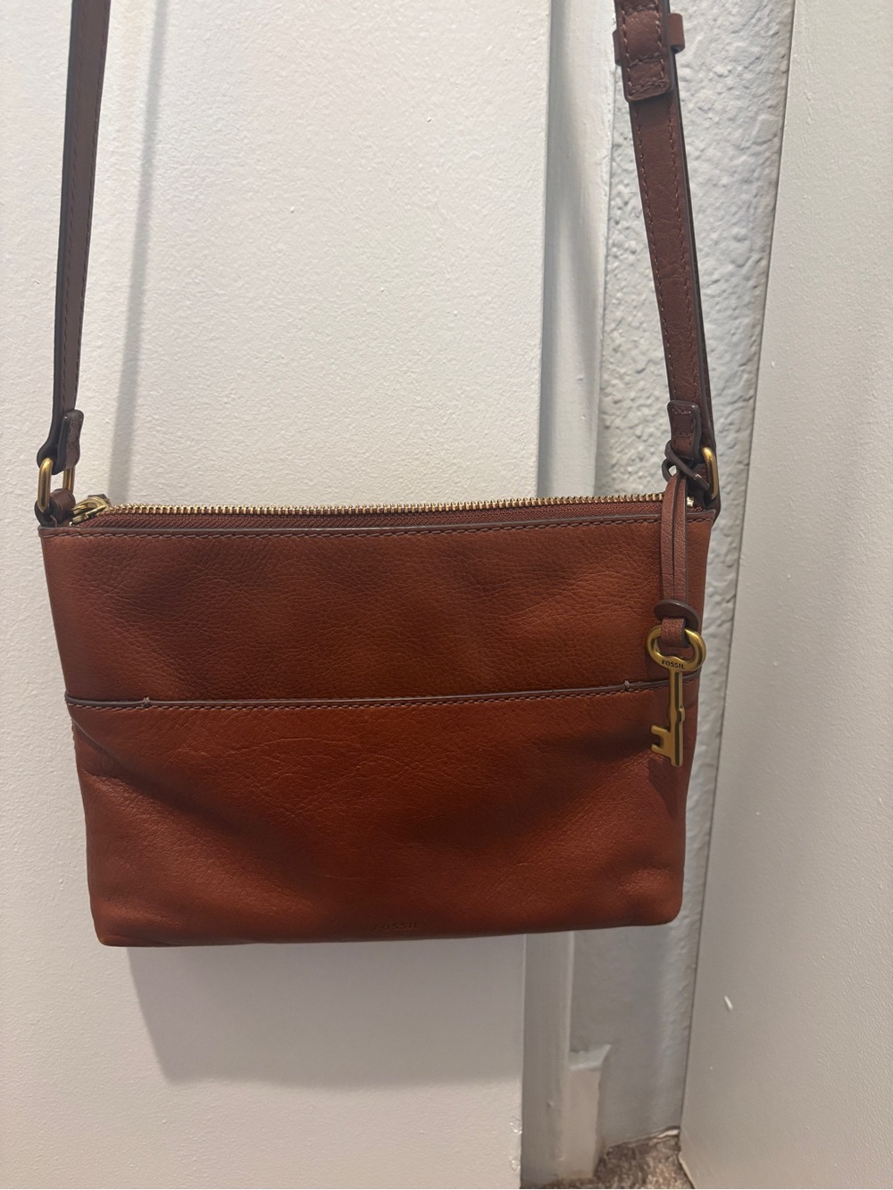 Fossil Cognac Leather Crossbody with Gold Accent